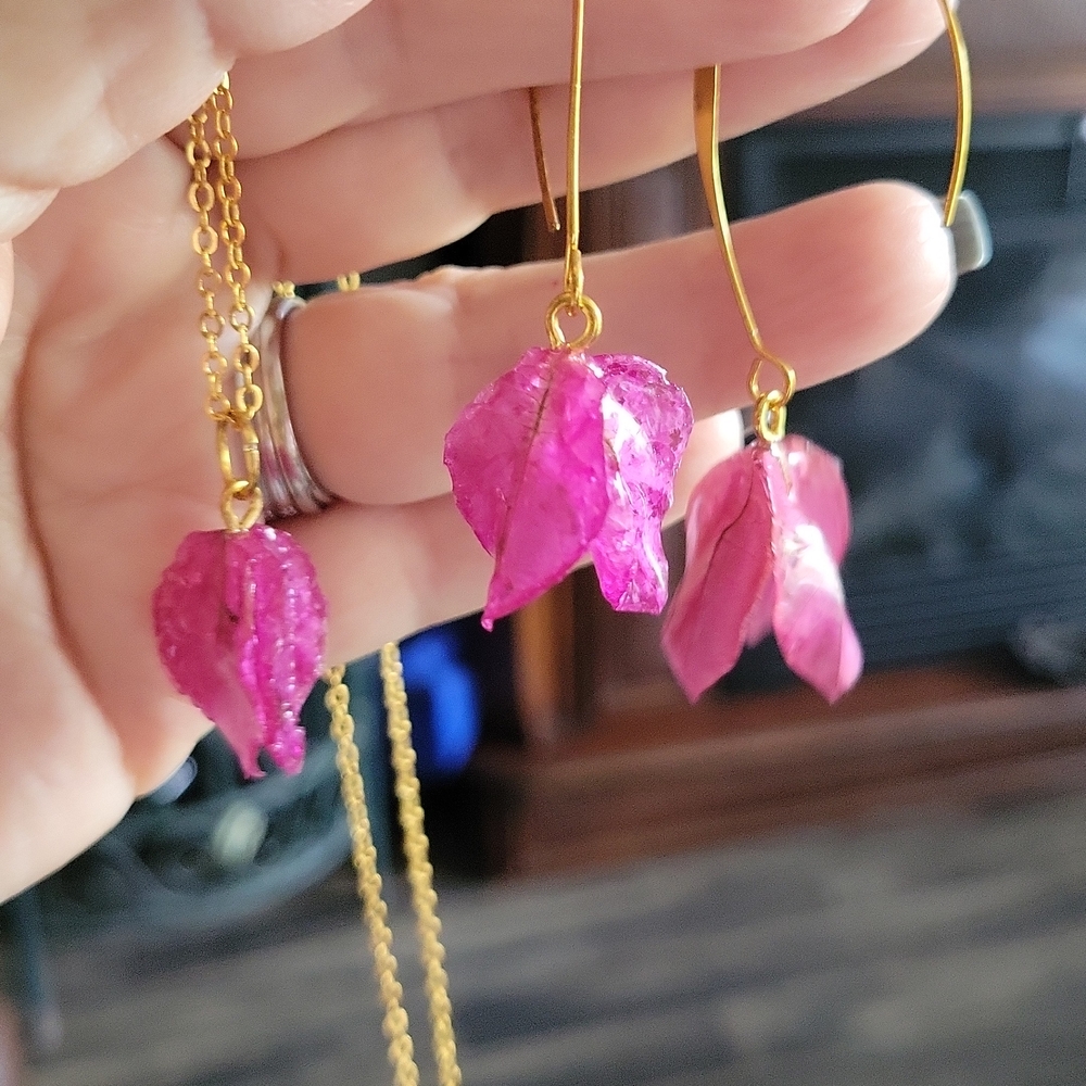Elegant Pink Real Burganvile Jewelry Set